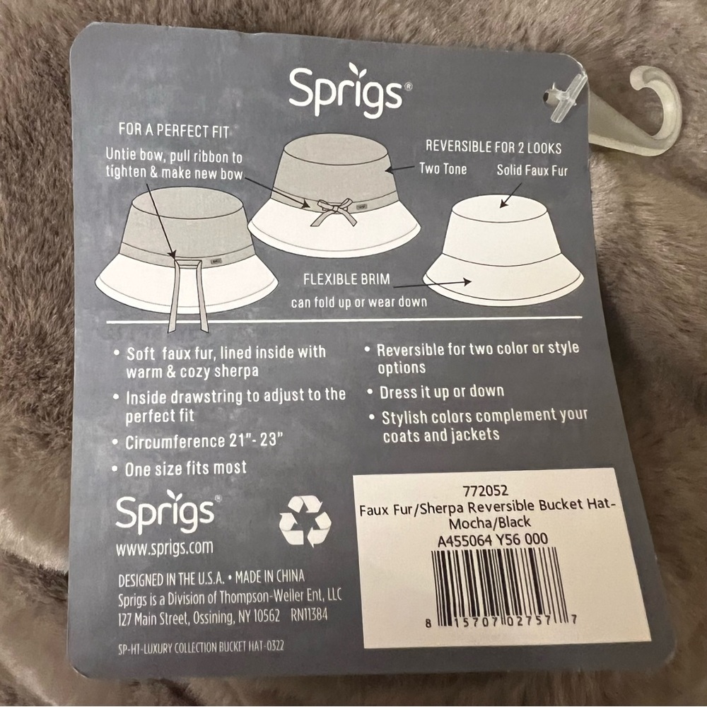 Sprigs Reversible Faux Fur and Sherpa Bucket Hat Black/mocha adjustable NWT - Picture 6 of 9